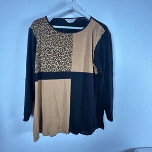 Exclusively Misook Womens Patchwork Leopard Black Long-Sleeve Knit Top Size 2X